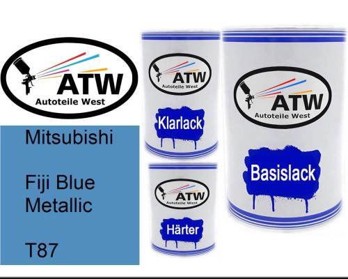 Mitsubishi, Fiji Blue Metallic, T87: 500ml Lackdose + 500ml Klarlack + 250ml Härter - Set, von ATW Autoteile West.
